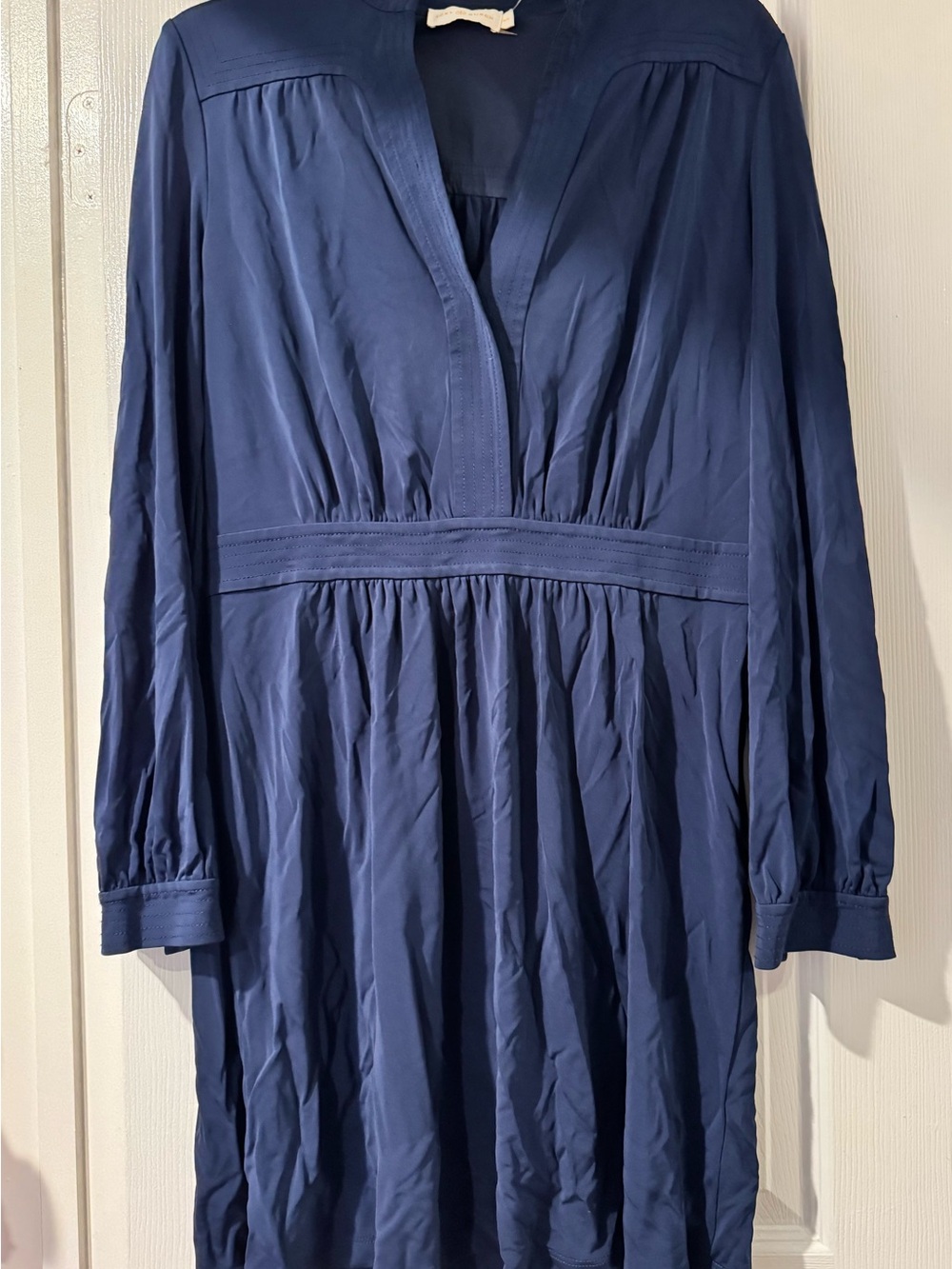 Tory Burch Navy Long-Sleeve V-Neck Gathered-Waist Dress
